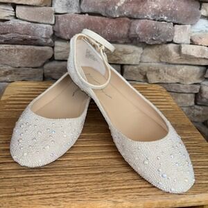Betsey Johnson Women's  Ballet Flat Rhinestones Uncle  Strap Cream Studded 8.5 M